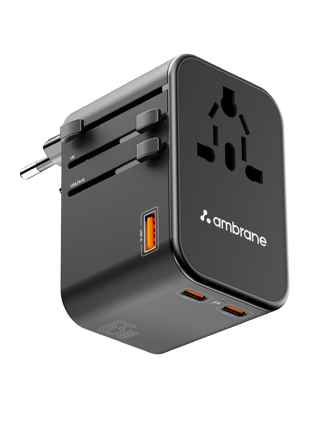 Ambrane ATA-02 65W GaN Universal Travel Adapter (Black)